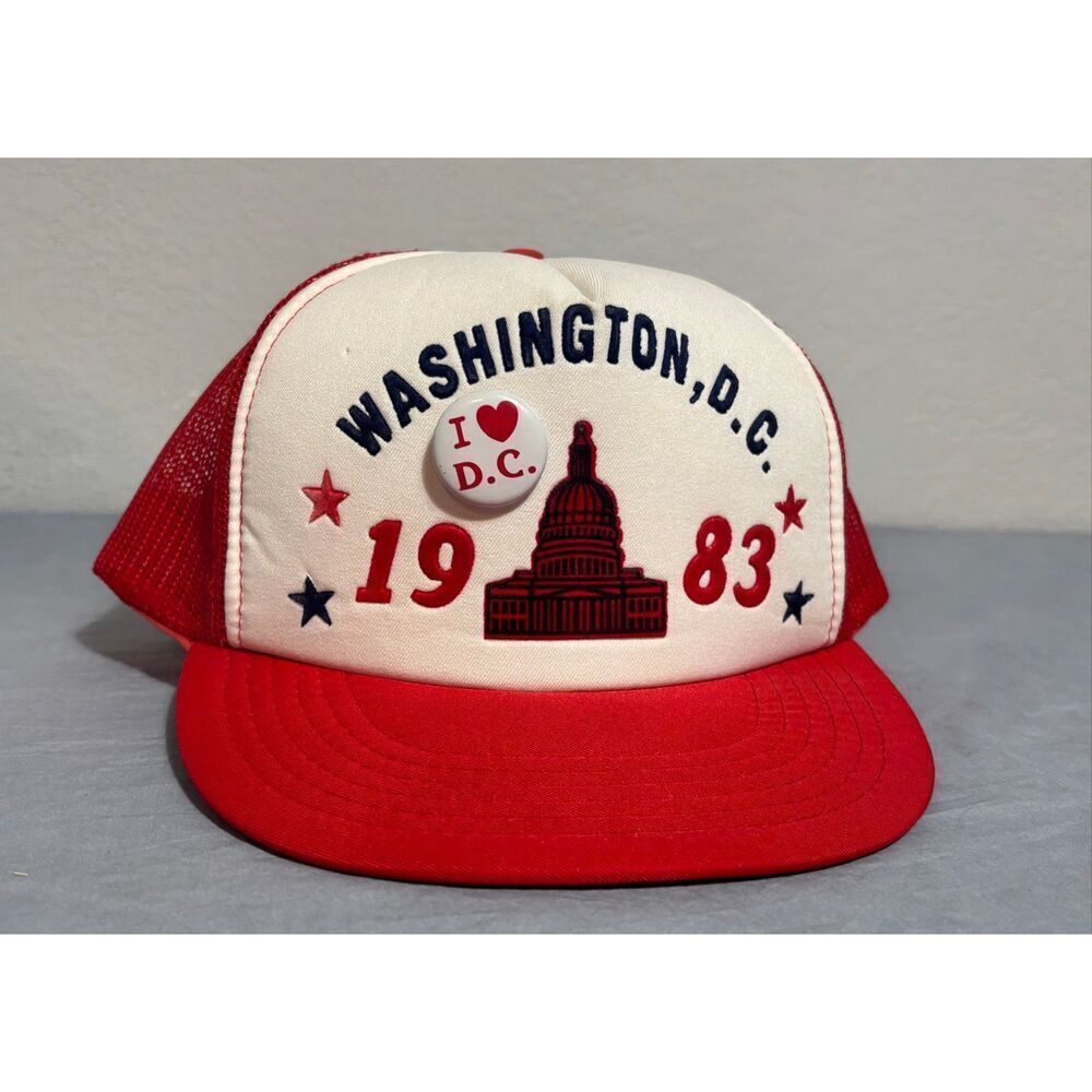 Washington D.C. Red 80's Foam USA Snapack Trucker Hat Cap 1983 Vintage with Pin